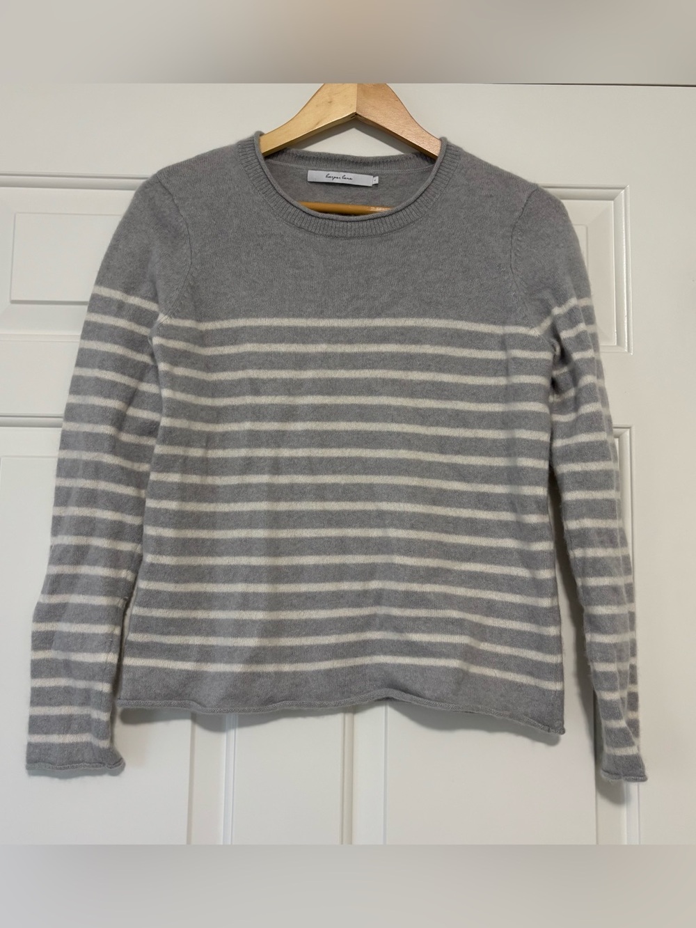Harper Tyde Gray and White Striped Crewneck Cashmere Sweater